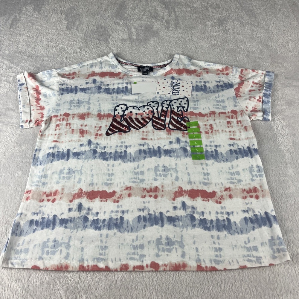 Feeling Festive T Shirt Women L Tie Dye Love NWT Patriotic Sequin